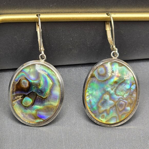Unbranded Jewelry - VTG 925 Sterling Silver Abalone Dangle Earrings 1.5" Paua Shell Leverback